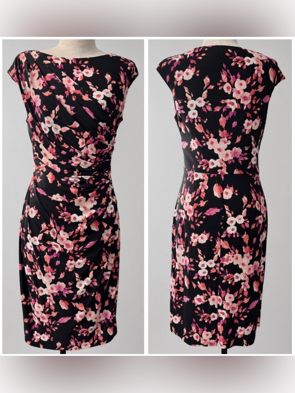 American Living black pink floral draped cap sleeve sheath dress - size 8